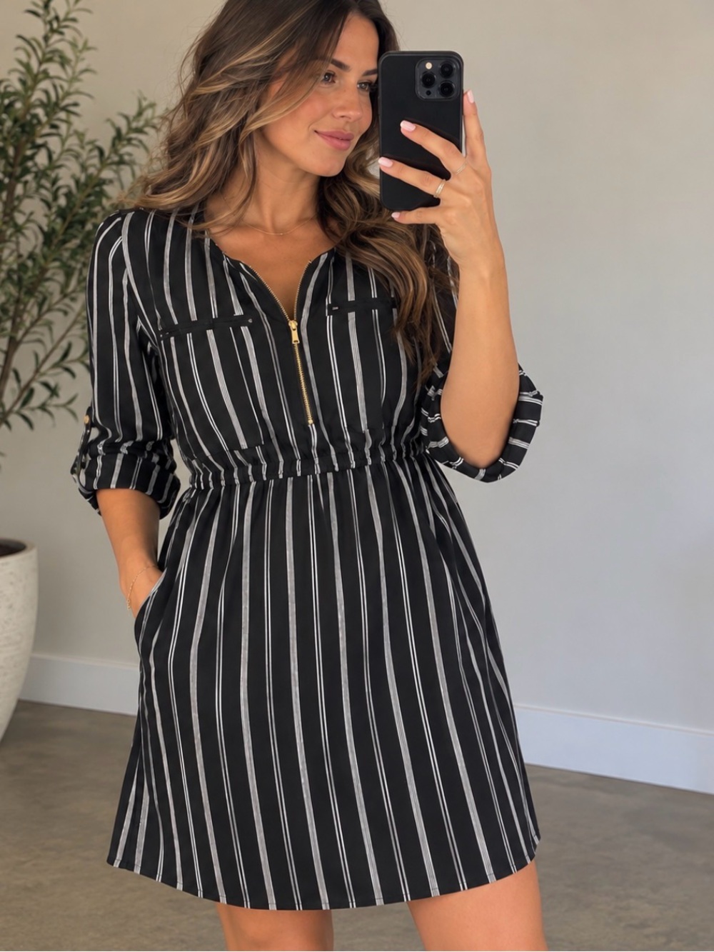 Black & White Striped Zip Front Shirt Dress | Casual Chic | Pockets